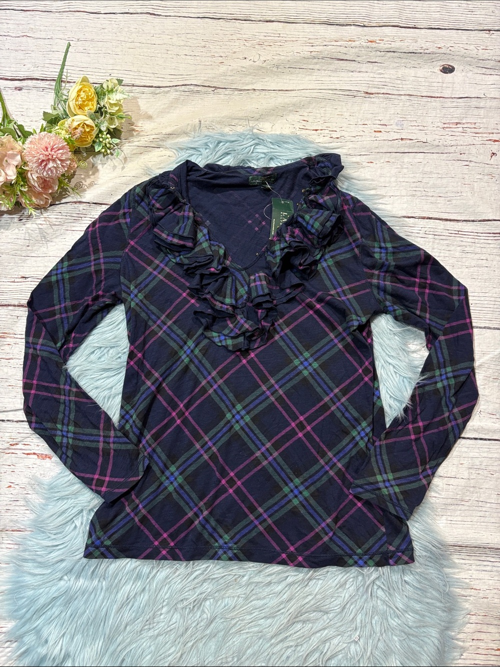 NWT Ralph Lauren Plaid Ruffle Trim Long Sleeve Purple Navy Blouse